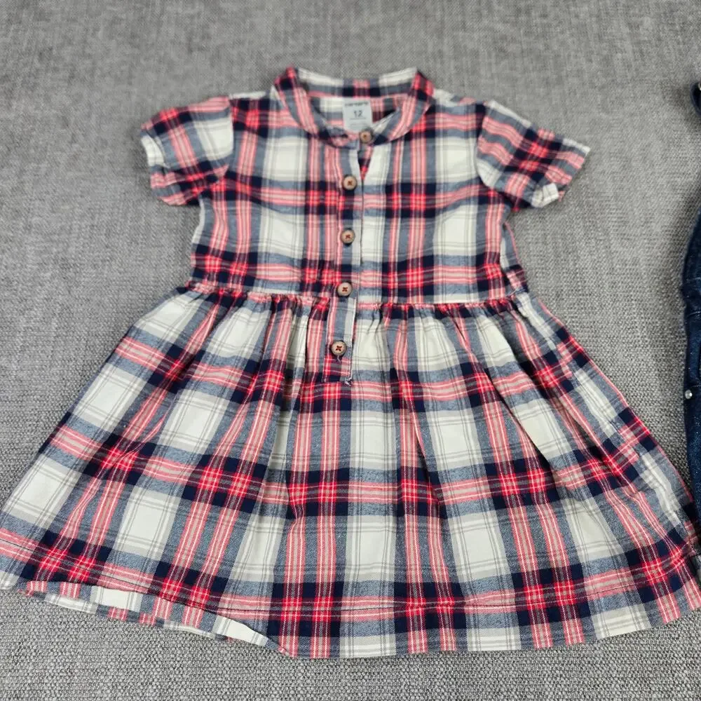 Carter's Plaid Dress & Esprit Jean Dress Overalls Lot 12 Months Girl 2 Piece